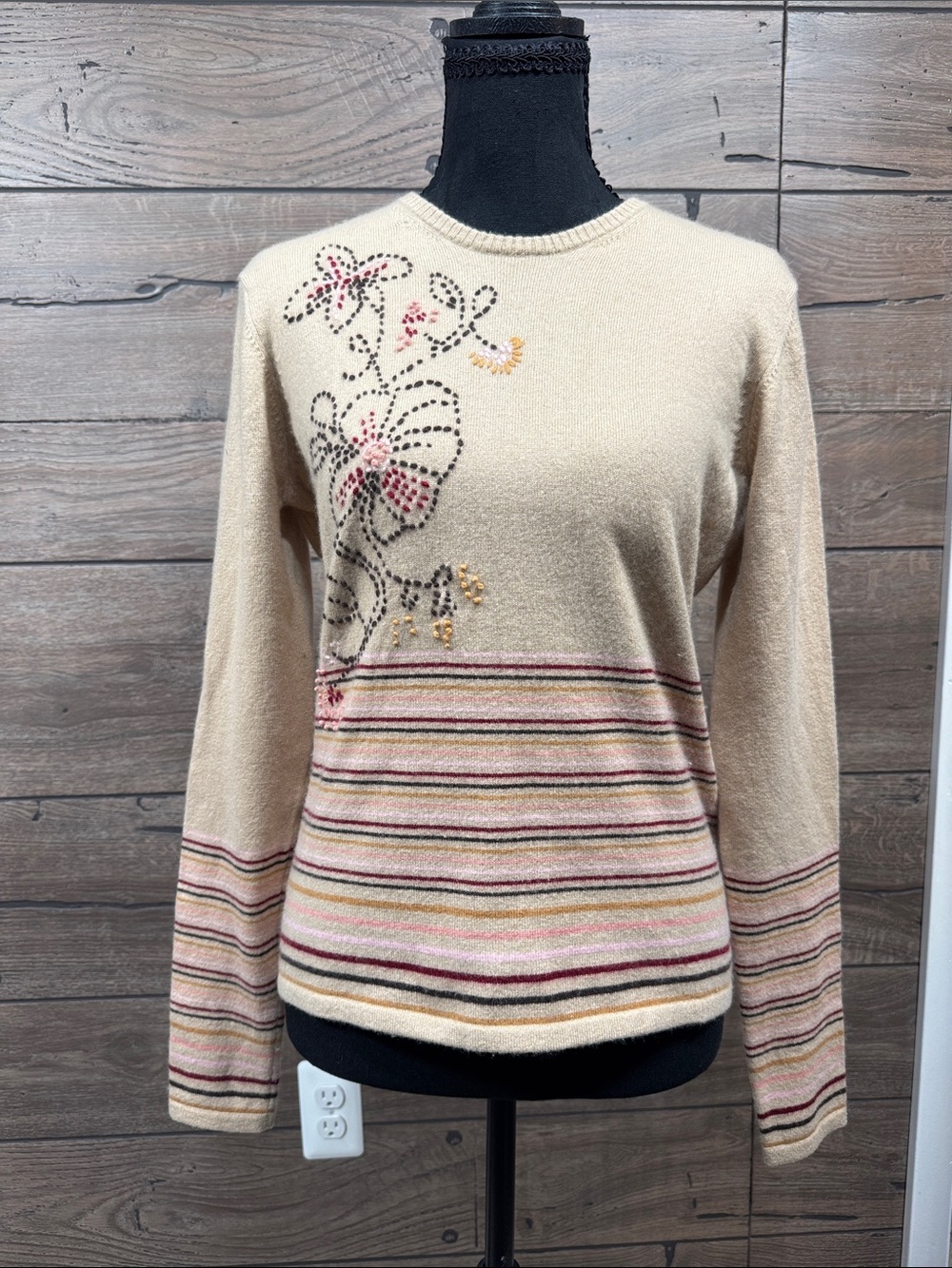 Beige Floral Embellished Striped cashmere Women’s Sweater